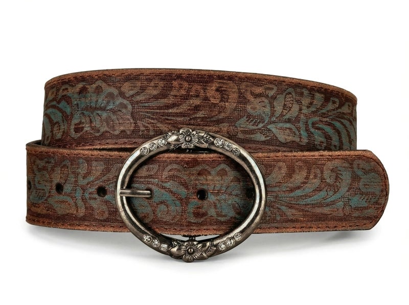 BC Belts Womens Distress Embossed Brown and Teal Leather Belt with Rhinestone Ring Buckle (S) - Image 1